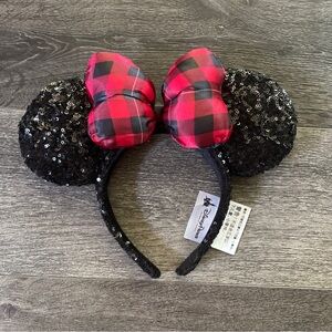 Disney Minnie Mouse Black Sequined Red Flannel Holiday Ears Headband OS
